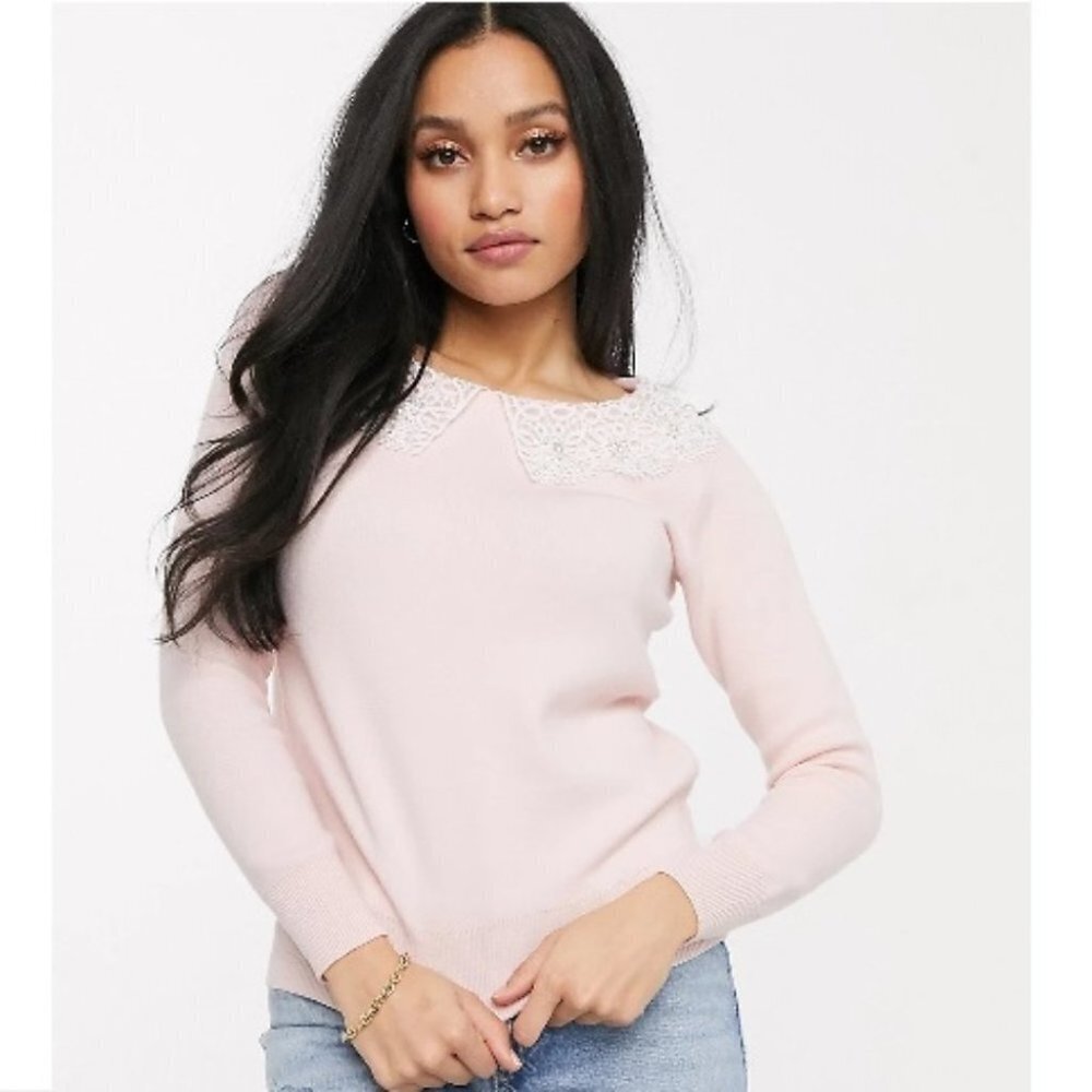 River Island Petite Lace Collar detail Sweater in Pale Pink size 0